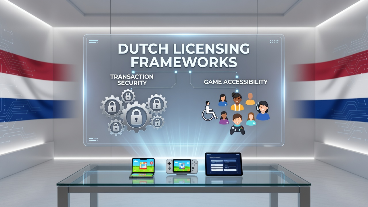 Illustratie van mobiele apparaten met beveiligde transactie-iconen en Nederlandse vergunningslabels