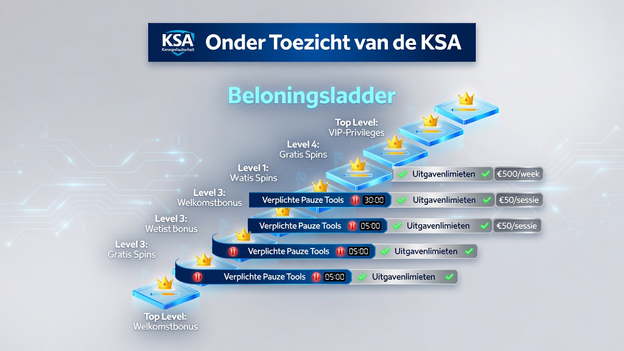 Diagram dat beloningsladders, pauzetools en uitgavenlimieten in Nederlandse online casino's illustreert onder KSA-toezicht