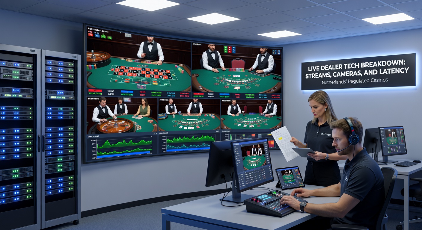Technische close-up van latency-meetapparatuur en server racks in een live casino streaming studio, met grafieken over netwerkvertraging in Nederlandse context