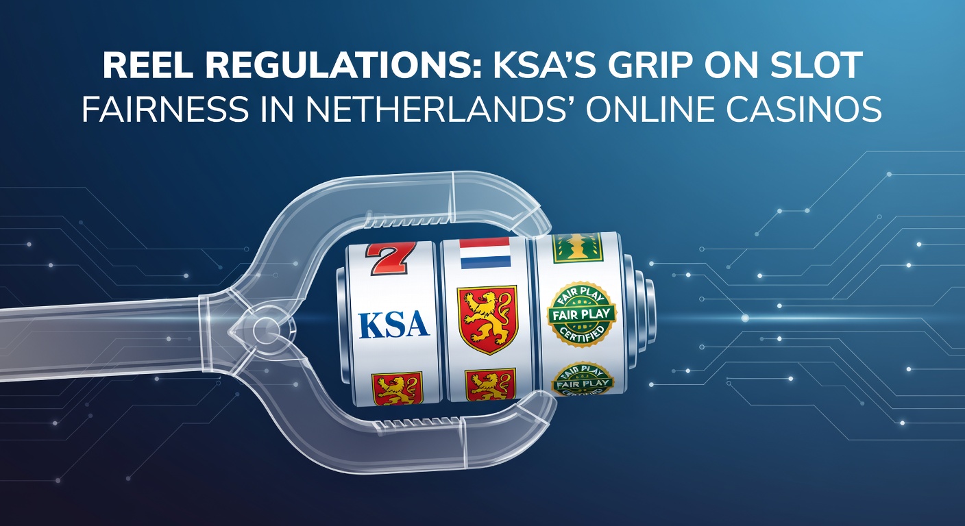 Grafische weergave van een slotmachine met KSA-logo en symbolen voor eerlijkheid en regulatie in Nederlandse online casinos